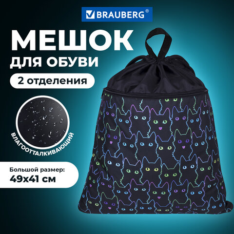 Мешок для обуви BRAUBERG БОЛЬШОЙ, с ручкой, карман на молнии, сетка, 49х41 см, "Cats", 271059 - фото 7