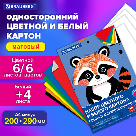 Набор картона БЕЛЫЙ + ЦВЕТНОЙ А4 немелованный, 10 листов (белый 4 листа + цветной 6 листов), в папке, BRAUBERG, 116631 - фото 5