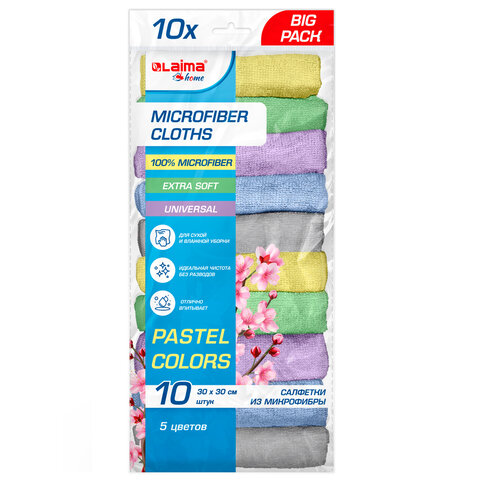 Салфетки из МИКРОФИБРЫ 30х30 см PASTEL COLOUR, big pack, КОМПЛЕКТ 10 штук, 180 г/м2, LAIMA HOME, 700608 - фото 2