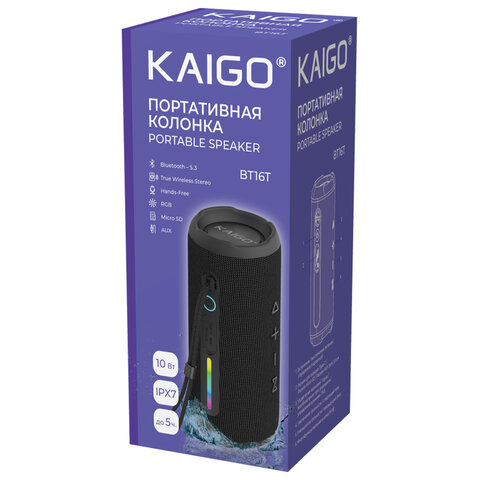 Колонка портативная влагозащищенная KAIGO (КАЙГО) BT16T, 10 Вт, Bluetooth, Micro SD, AUX, RGB, TWS, IPX7, черная, 514225 - фото 7