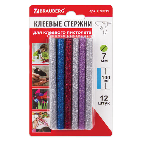 Клеевые стержни, диаметр 7 мм, длина 100 мм, цветные (ассорти), С БЛЕСТКАМИ, КОМПЛЕКТ 12 шт., 6 цветов, BRAUBERG, 670319 - фото 1