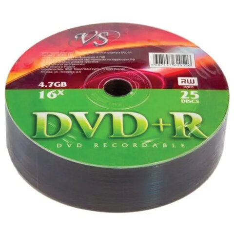 Диски DVD+R (плюс) VS, 4,7 Гб, 16x, Bulk (термоусадка без шпиля), КОМПЛЕКТ 25 шт., VSDVD, VSDVDPRS2501 - фото 1