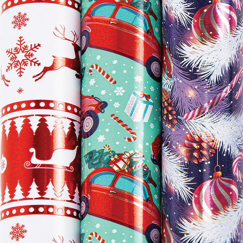 Бумага упаковочная новогодняя НАБОР 3 шт. "HoHo XMAS", С ЭФФЕКТАМИ, 70х100 см, ЗОЛОТАЯ СКАЗКА, 592191 - фото 1