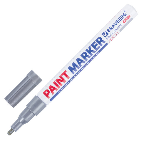 Маркер-краска лаковый (paint marker) 2 мм, СЕРЕБРЯНЫЙ, НИТРО-ОСНОВА, алюминиевый корпус, BRAUBERG PROFESSIONAL PLUS, 151442 - фото 1