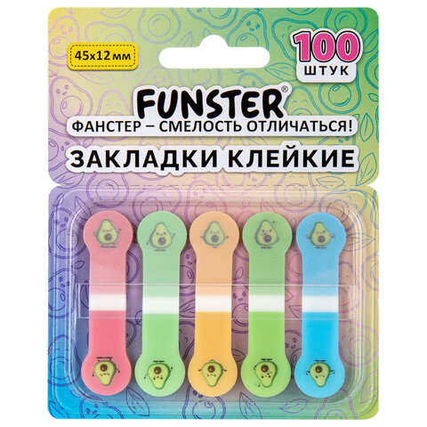 Закладки клейкие Z-сложения FUNSTER (ФАНСТЕР) "Авокадо", 45х12 мм, 100 шт., (5 цветов х 20 листов), в диспенсере, 116696 - фото 1