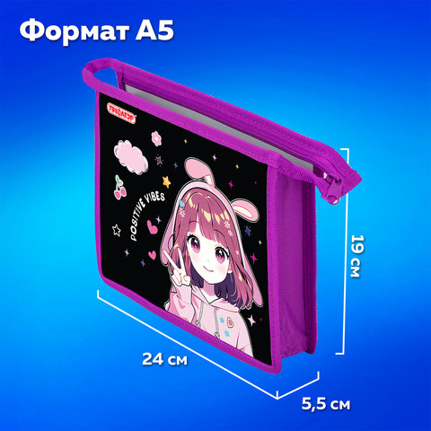 Папка для тетрадей ПИФАГОР А5, 1 отделение, пластик, на молнии, "Anime sign", 273328 - фото 9