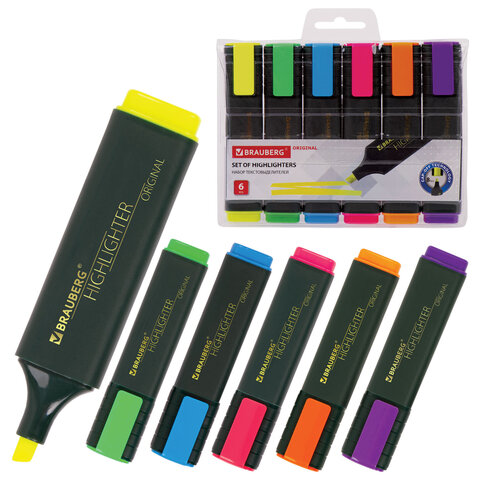 Набор текстовыделителей 6 ЦВЕТОВ, BRAUBERG "ORIGINAL", линия письма 1-5 мм, 151690 - фото 1