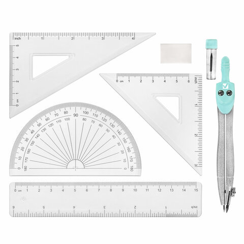 Готовальня BRAUBERG SCHOOL KIT, 8 предметов, циркуль 115 мм, чертежные принадлежности, мятный цвет, 210705 - фото 2