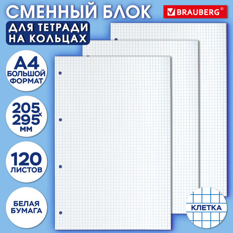 Сменный блок к тетради на кольцах БОЛЬШОГО ФОРМАТА А4, 120 л., BRAUBERG, Белый, 404518 - фото 7