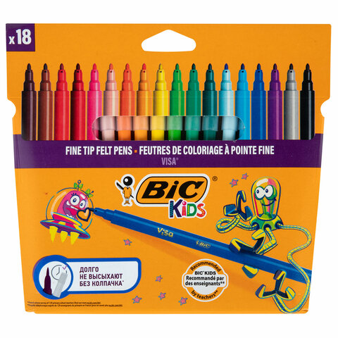 Фломастеры BIC "VISA", 18 цветов, суперсмываемые, вентилируемый колпачок, европодвес, 888681 - фото 1