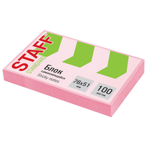 Блок самоклеящийся (стикеры) STAFF STANDARD, ПАСТЕЛЬНЫЙ 76х51 мм, розовый, 100 листов, 116584 - фото 1