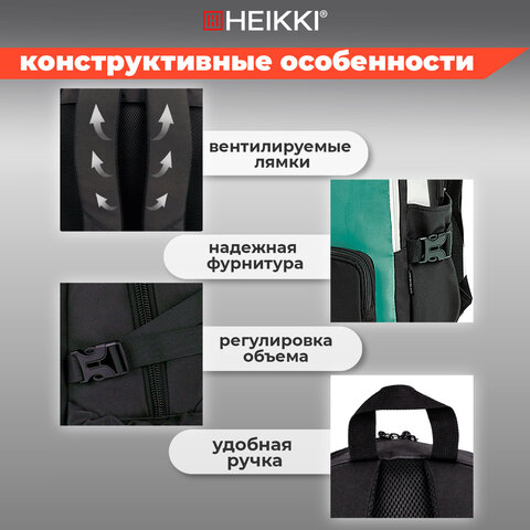 Рюкзак HEIKKI BLOCKS (ХЕЙКИ) универсальный, 2 отделения, черный/бирюзовый/бежевый, 44х32х17 см, 272562 - фото 14