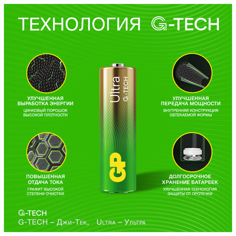 Батарейки КОМПЛЕКТ 2 шт., GP Ultra G-Tech, AA (LR6,15А), алкалиновые, пальчиковые, 15AUA21-2CRSBC2 - фото 7