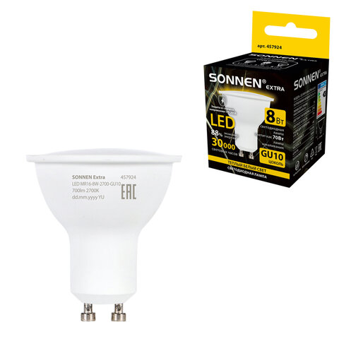Лампа светодиодная SONNEN EXTRA, 8 (70) Вт, GU10, софит, теплый белый, 30000 ч, LED MR16-GU10-8W-2700, 457924 - фото 1