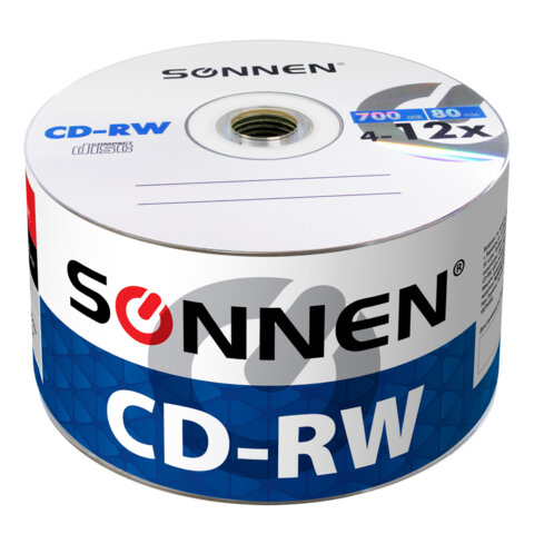 Диски CD-RW SONNEN 700 Mb 4-12x Bulk (термоусадка без шпиля), КОМПЛЕКТ 50 шт., 512578 - фото 1