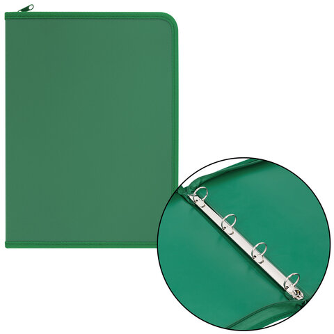 Папка объемная на молнии пластиковая на 4 кольцах, 35 мм, А4, BRAUBERG PIXEL, темно-зеленая, 0,7 мм, 273079 - фото 1
