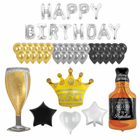 Шары воздушные НАБОР ДЛЯ ДЕКОРА "Happy Birthday", 52 шара, серебро/золото/черный, BRAUBERG, 591898 - фото 1