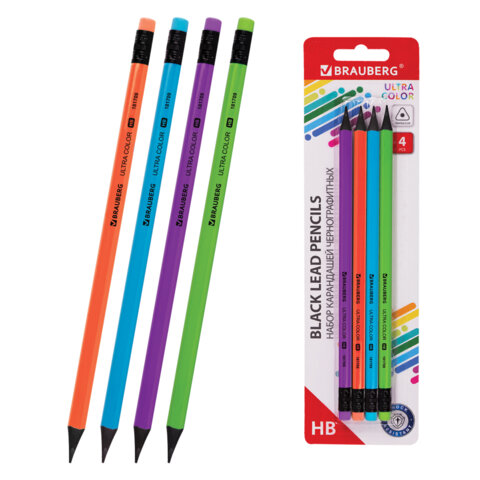 Набор карандашей чернографитных BRAUBERG "ULTRA COLOR" 4 шт., HB, с ластиком, пластиковые, 181709 - фото 1
