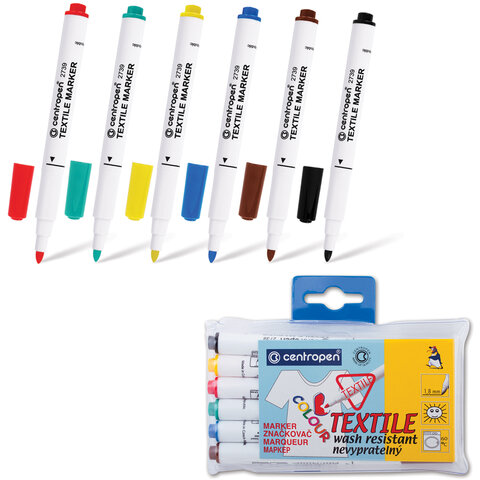 Маркеры для ткани 6 ЦВЕТОВ CENTROPEN "Textile Marker", круглый наконечник, 1,8 мм, 2739/6, 5 2739 0610 - фото 1