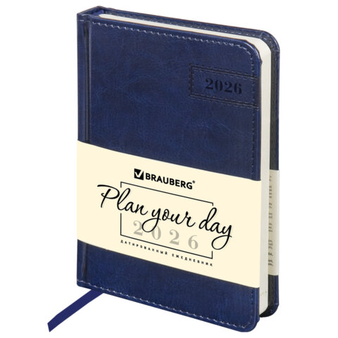 Ежедневник датированный 2026, МАЛЫЙ ФОРМАТ 100х150 мм, А6, BRAUBERG "Imperial", под кожу, синий, 117255 - фото 1