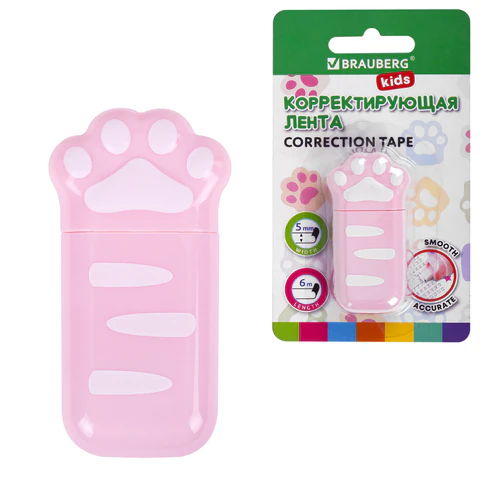 Корректирующая лента BRAUBERG KIDS "ЛАПКИ", 5 мм х 6 м, корпус розовый, блистер, 272497 - фото 1