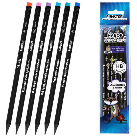 Набор карандашей чернографитных c забавной надписью FUNSTER (ФАНСТЕР) FUNNY NOTES BLK, 6 штук, HB, с ластиком, 182039 - фото 1