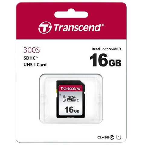 Карта памяти SDHC 16 ГБ, TRANSCEND UHS-I U1, 95 Мб/с (class 10), TS16GSDC300S - фото 1