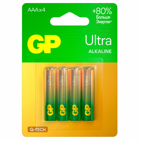 Батарейки КОМПЛЕКТ 4 шт., GP Ultra G-Tech, AAA (LR03, 24А), алкалиновые, мизинчиковые, 24AUA21-2CRSBC4 - фото 1