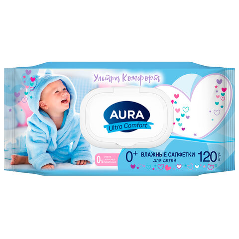 Салфетки влажные 120 шт., для детей, AURA "Ultra Comfort" с алоэ и витамином Е, крышка-клапан, 14847 - фото 1
