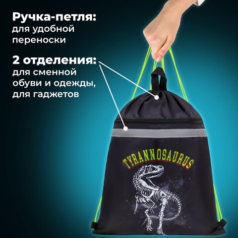 Мешок для обуви BRAUBERG, с петлей, светоотражающая полоса, 2 отделения, 46х36 см, Tyrannosaur, 272399 - фото 11