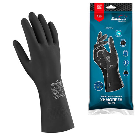 Перчатки неопреновые MANIPULA ХИМОПРЕН, хлопчатобумажное напыление, К80/Щ50, размер 8-8,5, M (средний), черные, CG-973 - фото 2