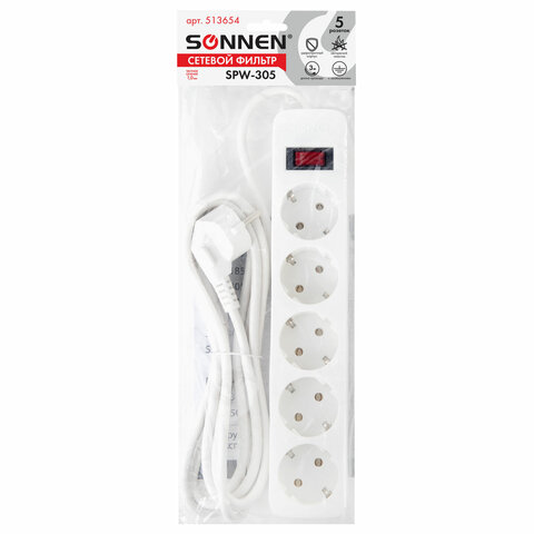 Сетевой фильтр SONNEN SPW-305, 5 розеток с заземлением, выключатель, 10 А, 3 м, белый, 513654 - фото 1