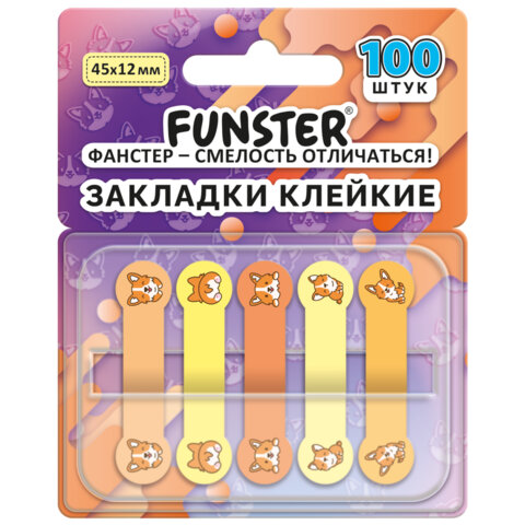 Закладки клейкие Z-сложения FUNSTER (ФАНСТЕР) "Корги", 45х12 мм, 100 шт. (5 цветов х 20 листов), в диспенсере, 116695 - фото 1