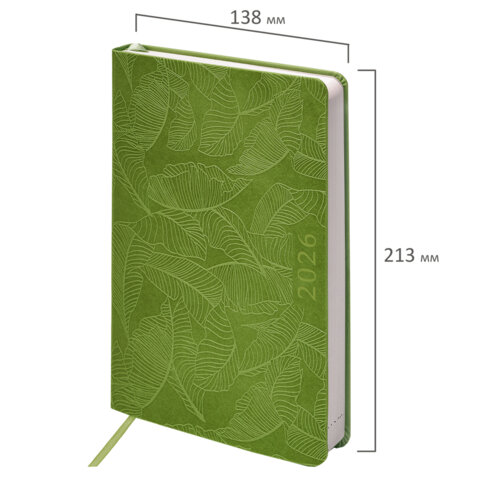 Ежедневник датированный 2026 А5 138x213 мм, BRAUBERG "Foliage", под кожу, гибкий, зеленый, 117128 - фото 2