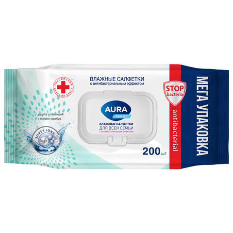Салфетки влажные 200 шт., AURA Family, антибактериальные, для всей семьи, крышка клапан, 10394 - фото 1