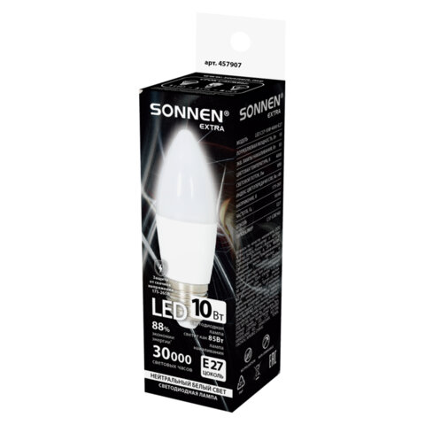 Лампа светодиодная SONNEN EXTRA, 10 (85) Вт, Е27, свеча, нейтральный белый, 30000 ч, LED C37-10W-4000-Е27, 457907 - фото 3