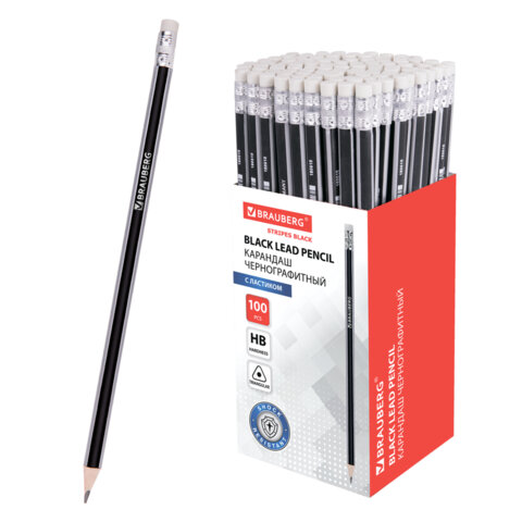 Карандаш чернографитный BRAUBERG, 1 шт., "Alderida", НВ, трехгранный, с ластиком, корпус черный, заточенный, 180610 - фото 1