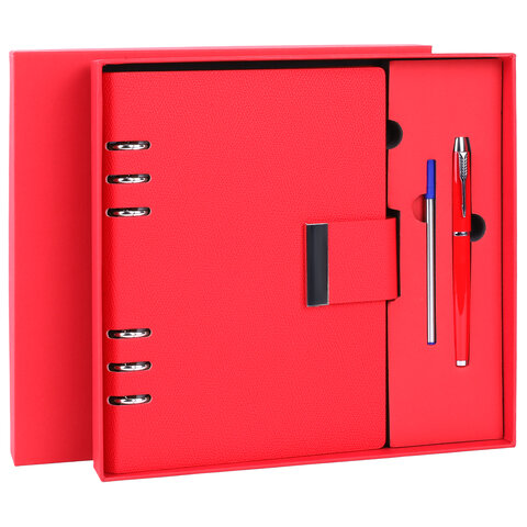 Ежедневник на кольцах в наборе с ручкой А5, 165x229 мм, BRAUBERG "Lux", под кожу, 100 листов, красный, 116857 - фото 1