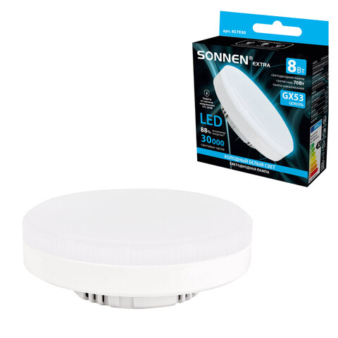 Лампа светодиодная SONNEN EXTRA, 8 (70) Вт, GX53, таблетка, холодный белый, 30000 ч, LED 8W-6500-GX53, 457930 - фото 1