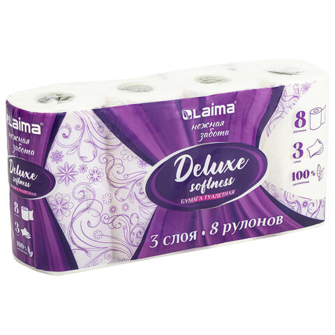 Бумага туалетная 3-х слойная, 8 рулонов (8х16,5 м), LAIMA Deluxe, 100% целлюлоза, 115396 - фото 2