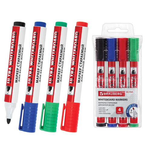 Маркеры стираемые для белой доски, НАБОР 4 ЦВЕТА, BRAUBERG "ULTRA WHITEBOARD MARKER", 3 мм, 152635 - фото 1