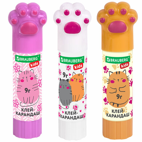 Клей-карандаш "Лапки" Cat Paw, 9 г, фигурный колпачок, 3 шт. на блистере, BRAUBERG KIDS, 271982 - фото 3