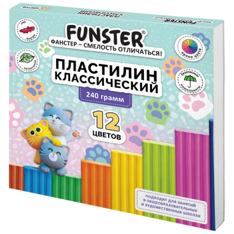 Пластилин классический, кросс-серия "КОШАЧЬИ ЛАПКИ", 12 цветов, 240 г, СТЕК, ВЫСШЕЕ КАЧЕСТВО, FUNSTER (ФАНСТЕР), 107521 - фото 1