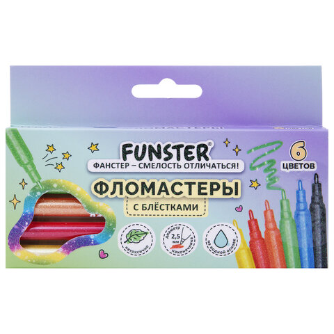 Фломастеры с блестками FUNSTER (ФАНСТЕР) "GLITTER" 6 цветов, ударопрочный наконечник, 152628 - фото 1