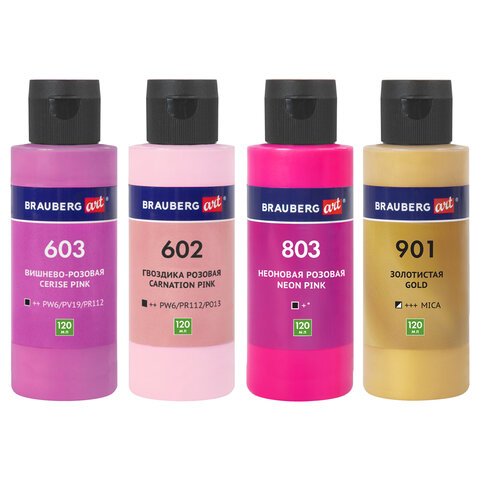Краски акриловые для техники "Флюид Арт" (POURING PAINT), 4 цвета по 120 мл, Розовые тона, BRAUBERG ART, 192238 - фото 5