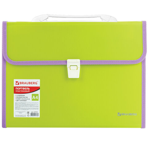Папка-портфель пластиковая BRAUBERG "JOY", А4 (330х245х35 мм), 13 отделений, с окантовкой, салатовая, 227974 - фото 1