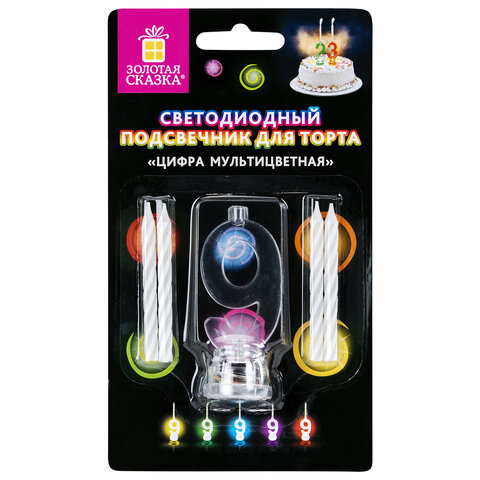Цифра-подсвечник "9" светодиодная, ЗОЛОТАЯ СКАЗКА, в наборе 4 свечи 6 см, 1 батарейка, 591432 - фото 1