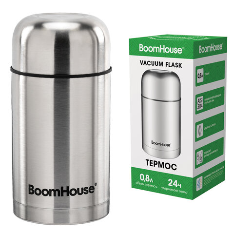 Термос 0,8 л для еды/напитков с широким горлом, BOOMHOUSE (БУМХАУС) WIDE, нержавеющая сталь SUS304, серебристый, 700319 - фото 1
