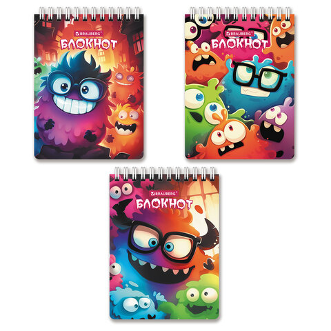 Блокнот МАЛЫЙ ФОРМАТ А6 97х145мм, 60л, гребень, картон, клетка, BRAUBERG МОНСТРИКИ, 116997 - фото 1