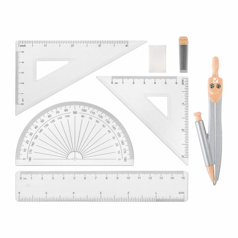 Готовальня BRAUBERG SCHOOL KIT, 9 предметов, циркуль 125 мм, чертежные принадлежности, персиковый цвет, 210715 - фото 2